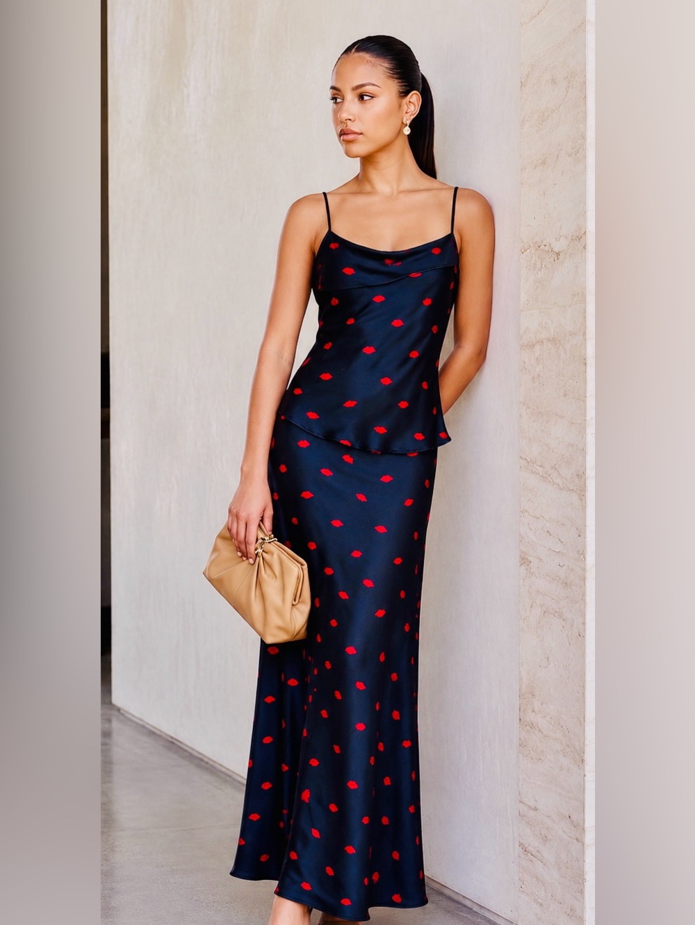 A New Day 2 piece Black Satin Slip Maxi Dress Red Lip Print Sm skirt M top